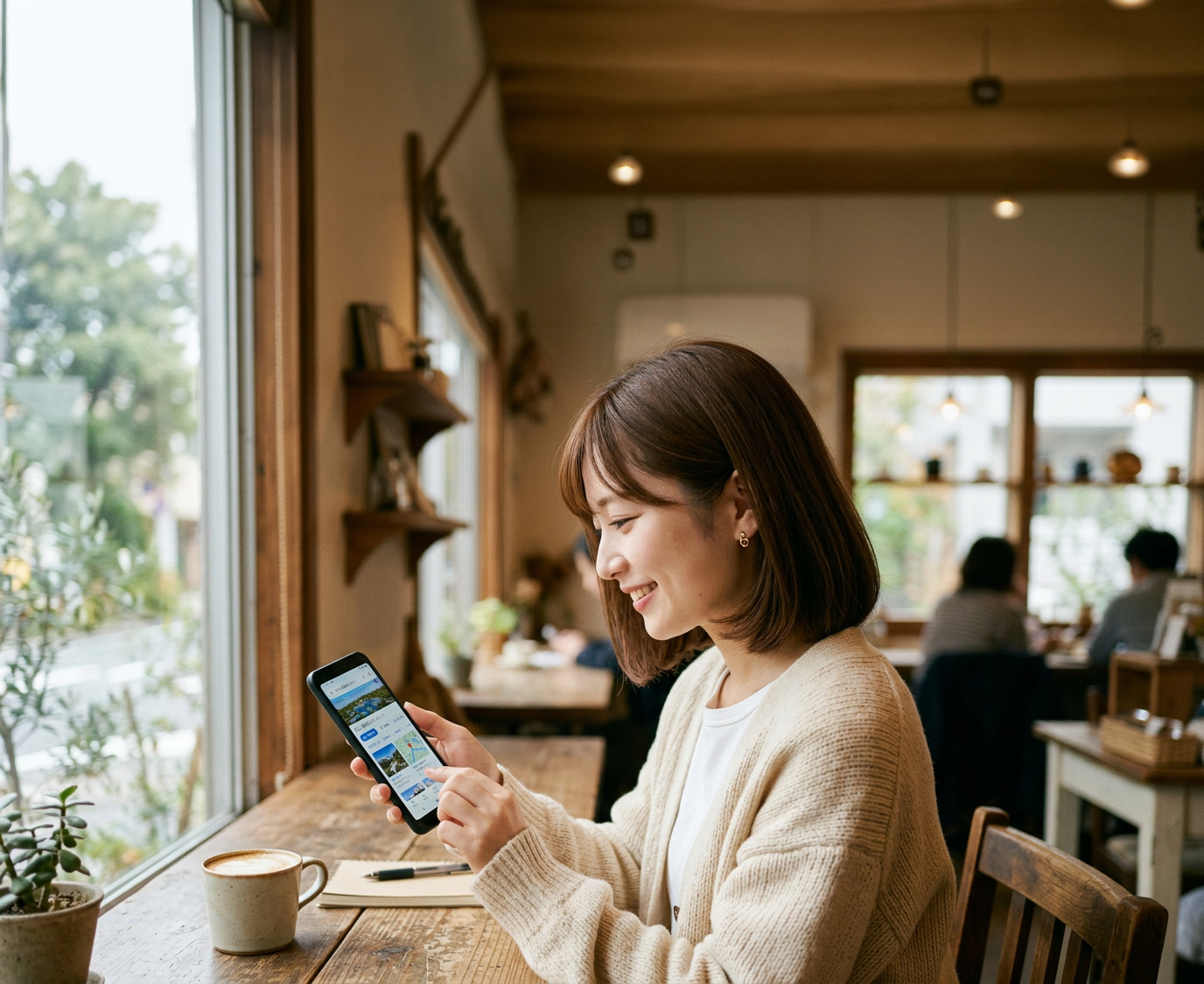 カフェでLINE予約を確認するイメージ